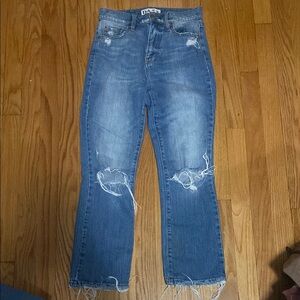 Blue Flare Wide Leg Jeans with Distressed Details